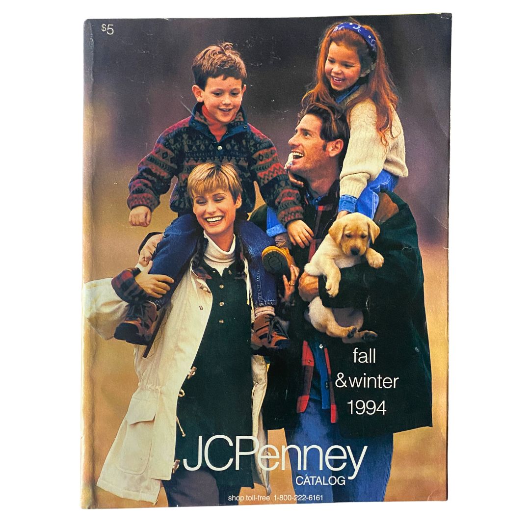 1994 JCPenney Fall and Winter Intarsia Sweater Catalog featuring a family outdoors with children and a puppy. The cover showcases a joyful family scene in winter attire.