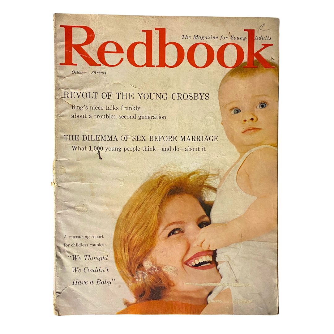 VTG Redbook Magazine October 1959 cover featuring the article 'Revolt of The Young Crosbys' with a mother and baby.