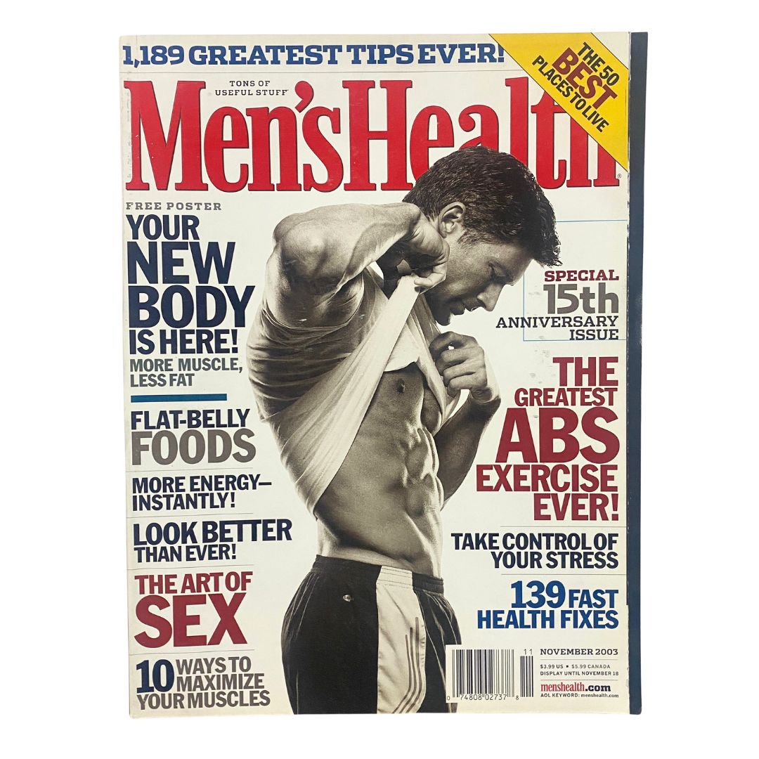 Men's Health Magazine November 2003 featuring Gregg Avedon on the cover, showcasing tips for fitness and health, with a striking design and emphasis on men's wellness.