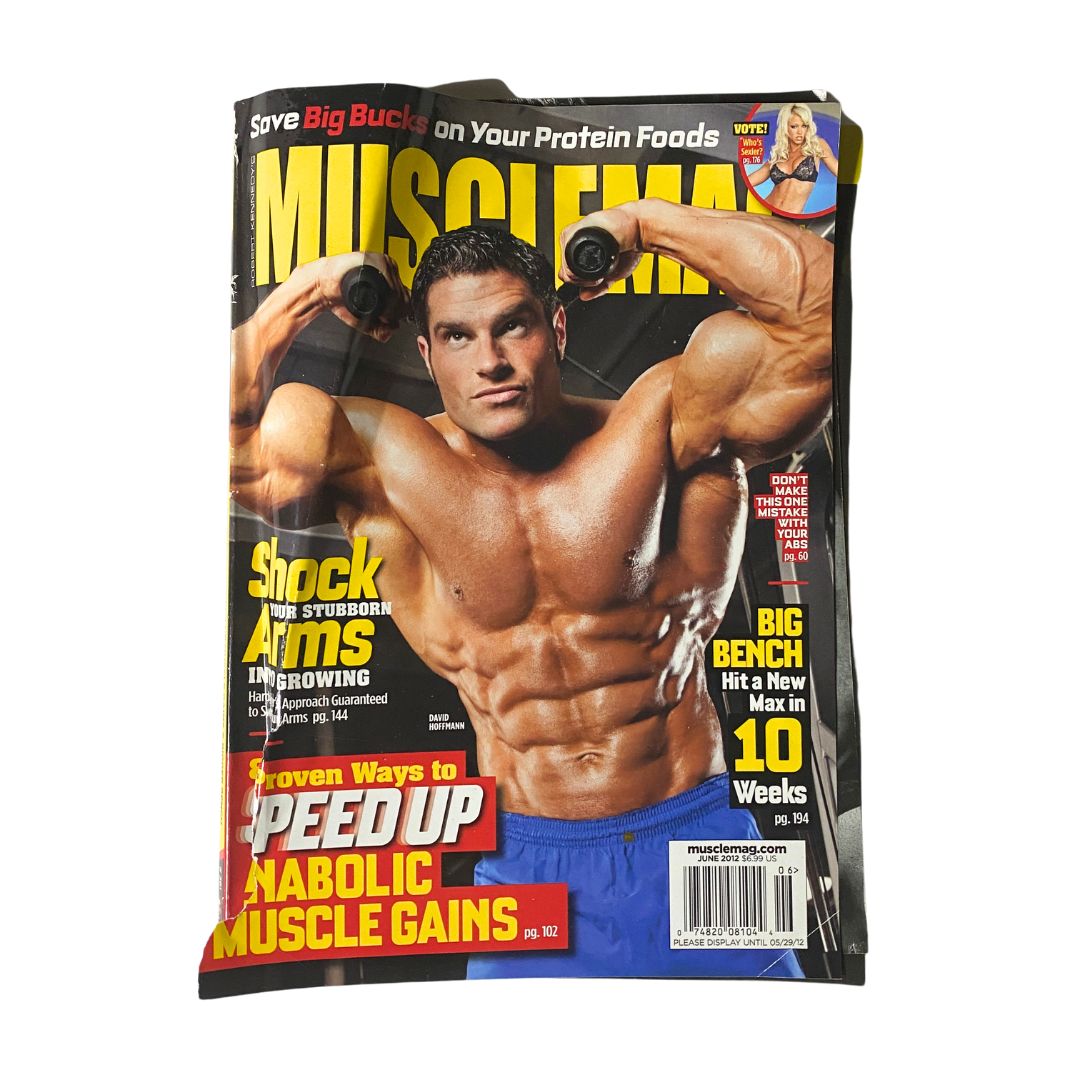 Cover of MuscleMag Magazine June 2012 No. 361 featuring David Hoffman showcasing fitness and bodybuilding tips.