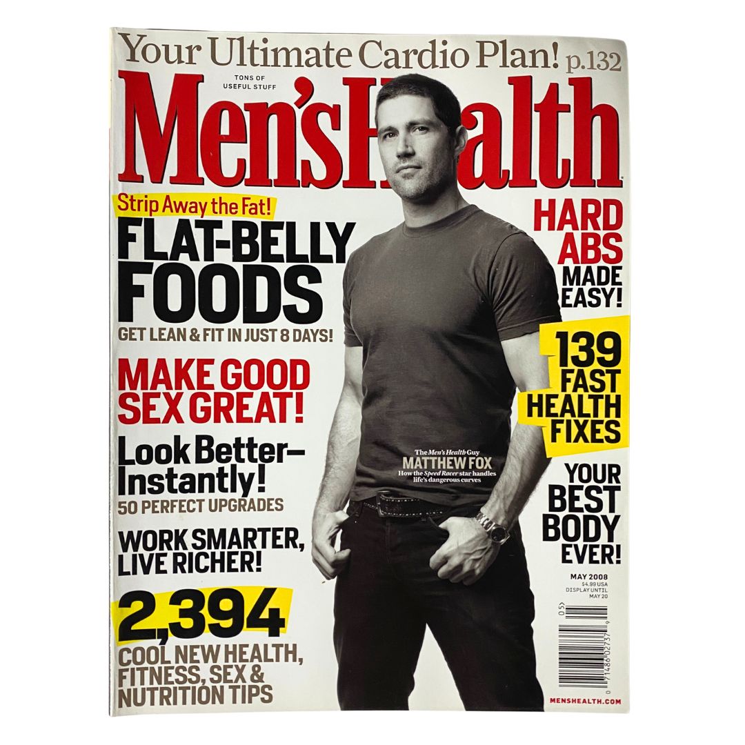 Men's Health Magazine May 2008 featuring Matthew Fox, star of Speed Racer, on the cover. The magazine highlights fitness, health tips, and lifestyle topics relevant to men's wellness in the late 2000s.