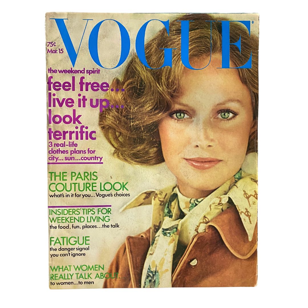 VTG Vogue Magazine March 15 1972 featuring Karen Graham on the cover, showcasing 1970s fashion with vibrant colors and styles.