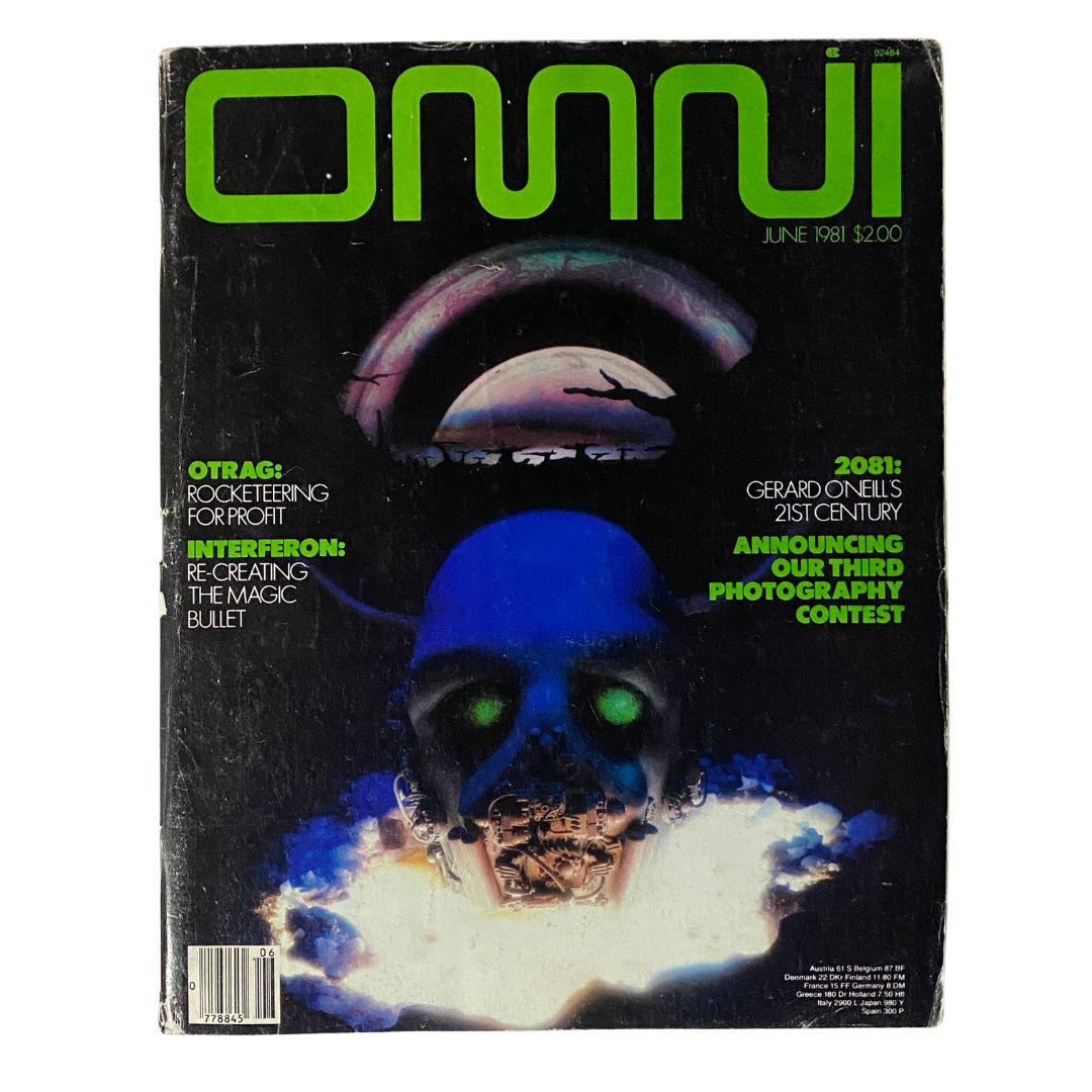 VTG Omni Magazine June 1981 issue featuring the article 'Interferon: Re-Creating The Magic Bullet.' The cover showcases a striking design with a skull and colorful graphics, highlighting the culture of the early 1980s.