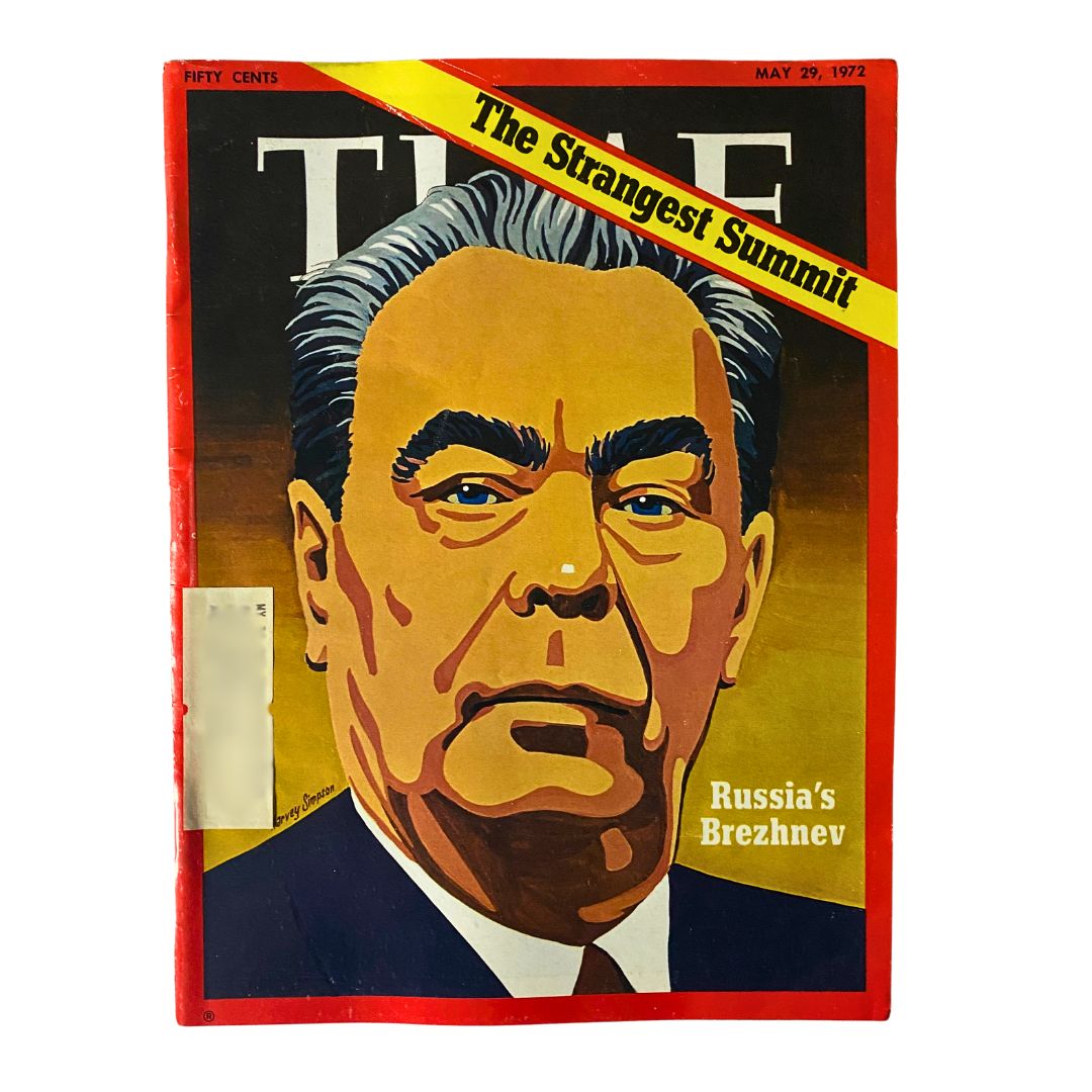 VTG Time Magazine May 29 1972 featuring Russia's Leonid Brezhnev on the cover with the title "The Strangest Summit" and a vibrant illustration.