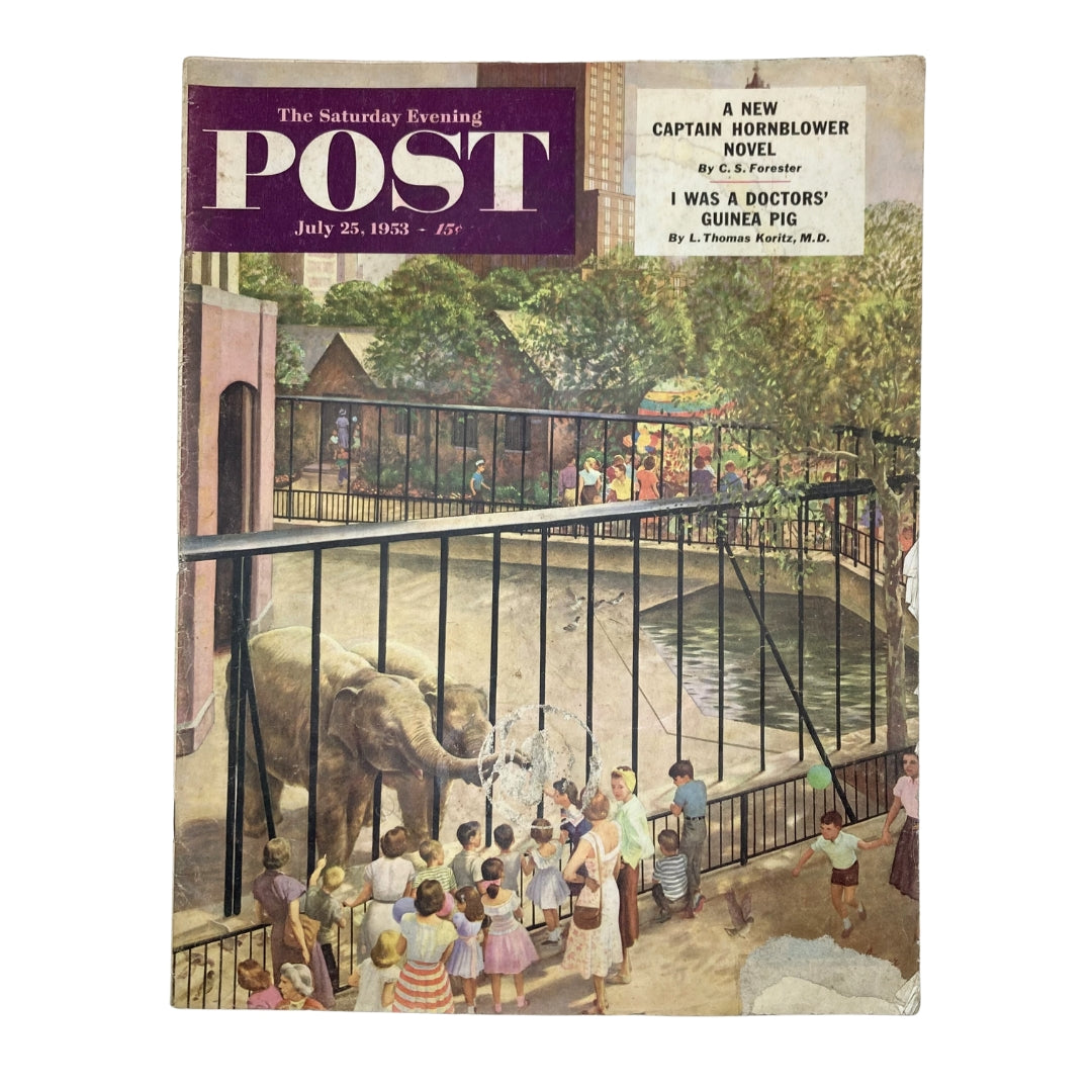 Cover of the Saturday Evening Post Magazine dated July 25, 1953, featuring an illustration of children watching elephants at a zoo, highlighting the exotic species theme.