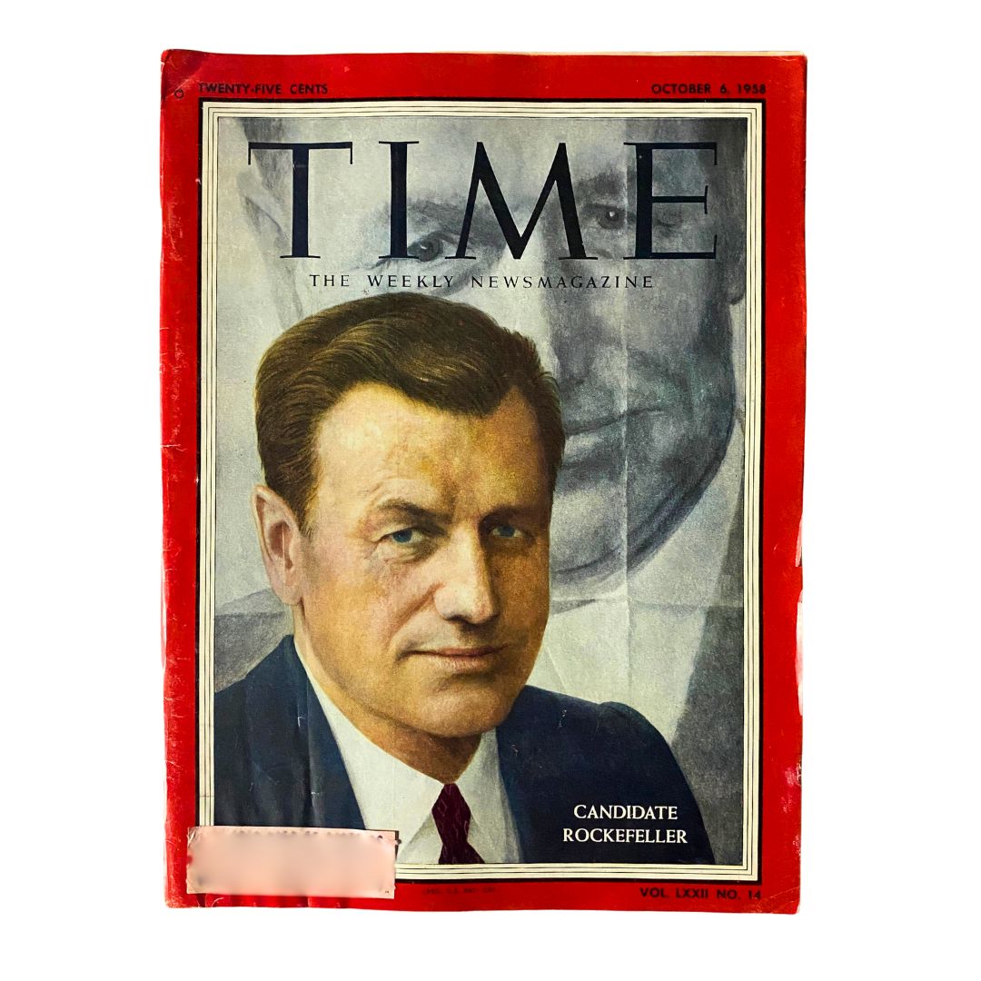 Cover of VTG Time Magazine from October 6, 1958, featuring candidate Nelson Rockefeller, highlighting a significant political era.