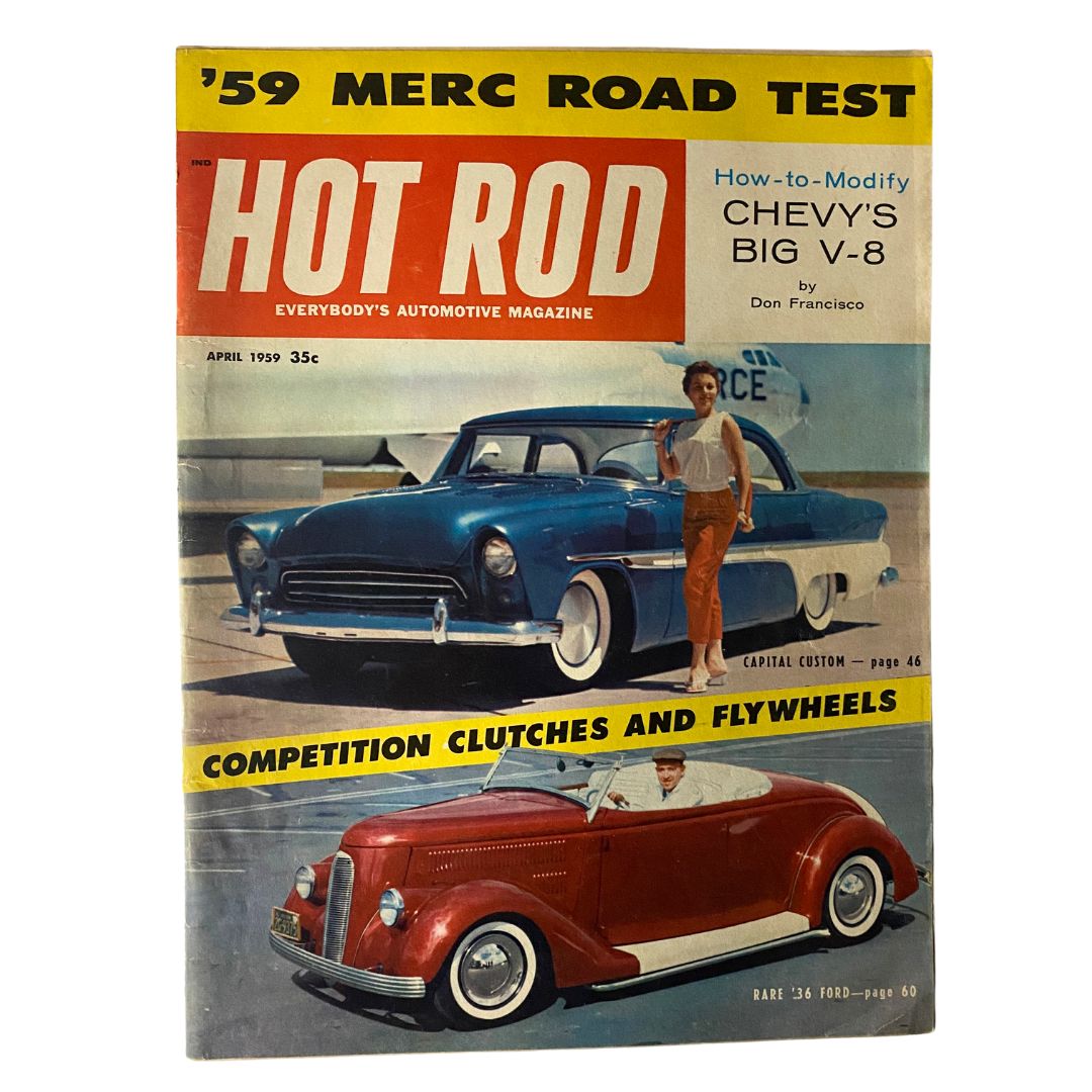 VTG Hot Rod Magazine April 1959 cover featuring a classic blue car and a red hot rod, highlighting competition clutches and flywheels.