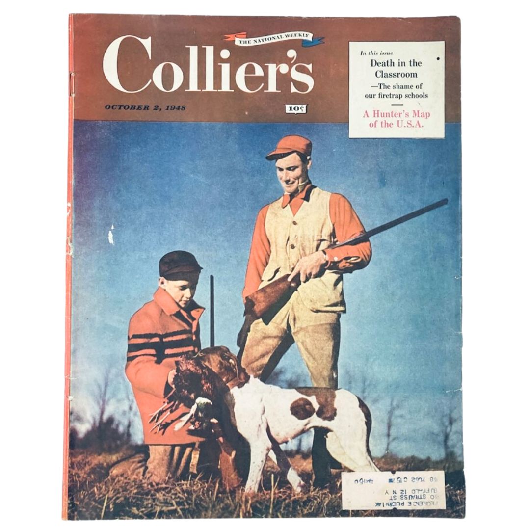Cover of VTG Collier's Magazine October 2, 1948, featuring a striking illustration of hunting scenes with a boy and a man alongside a hunting dog, titled 'Death in the Classroom'.