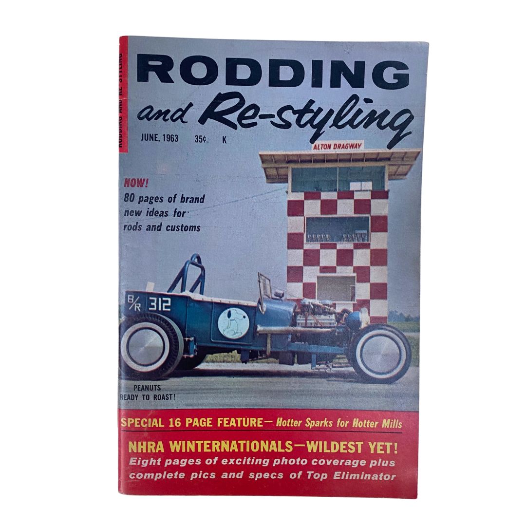 Cover of VTG Rodding & Re-Styling Magazine June 1963 featuring an illustrated vintage hot rod and the Alton Dragway racing tower. The magazine highlights '80 pages of brand new ideas for rods and customs,' emphasizing classic car culture.