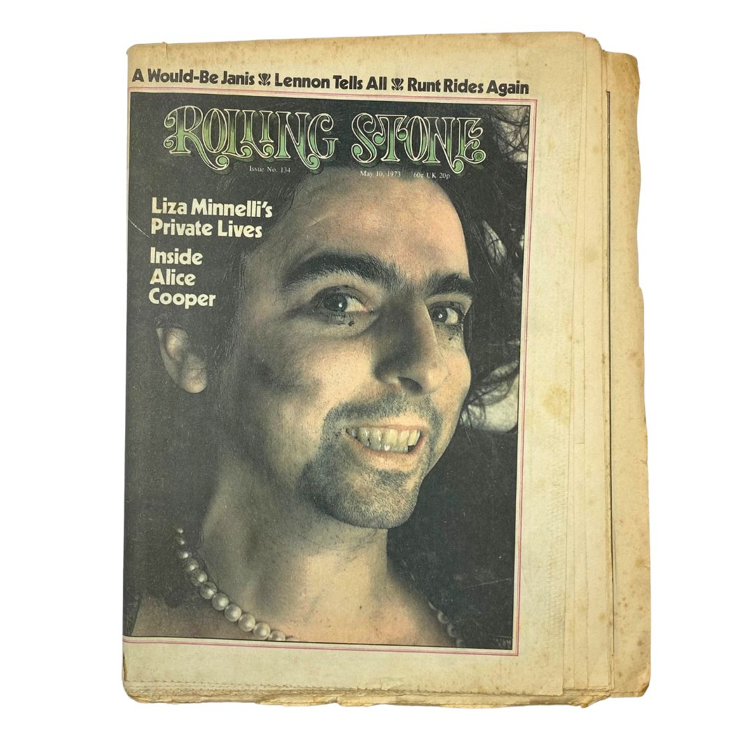 Cover of Rolling Stone Magazine May 10, 1973 Issue No. 134 featuring Alice Cooper. The magazine exhibits 1970s rock culture with an artistic photo of Cooper, surrounded by vibrant hues and eclectic typography.