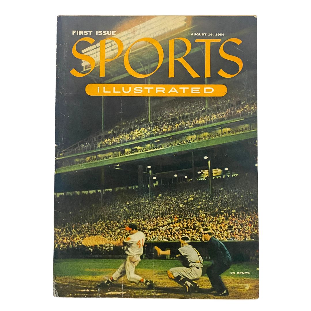 Cover of Sports Illustrated Magazine August 16 1954, showcasing a historic baseball scene with players and a crowd, marking the first edition premier issue.