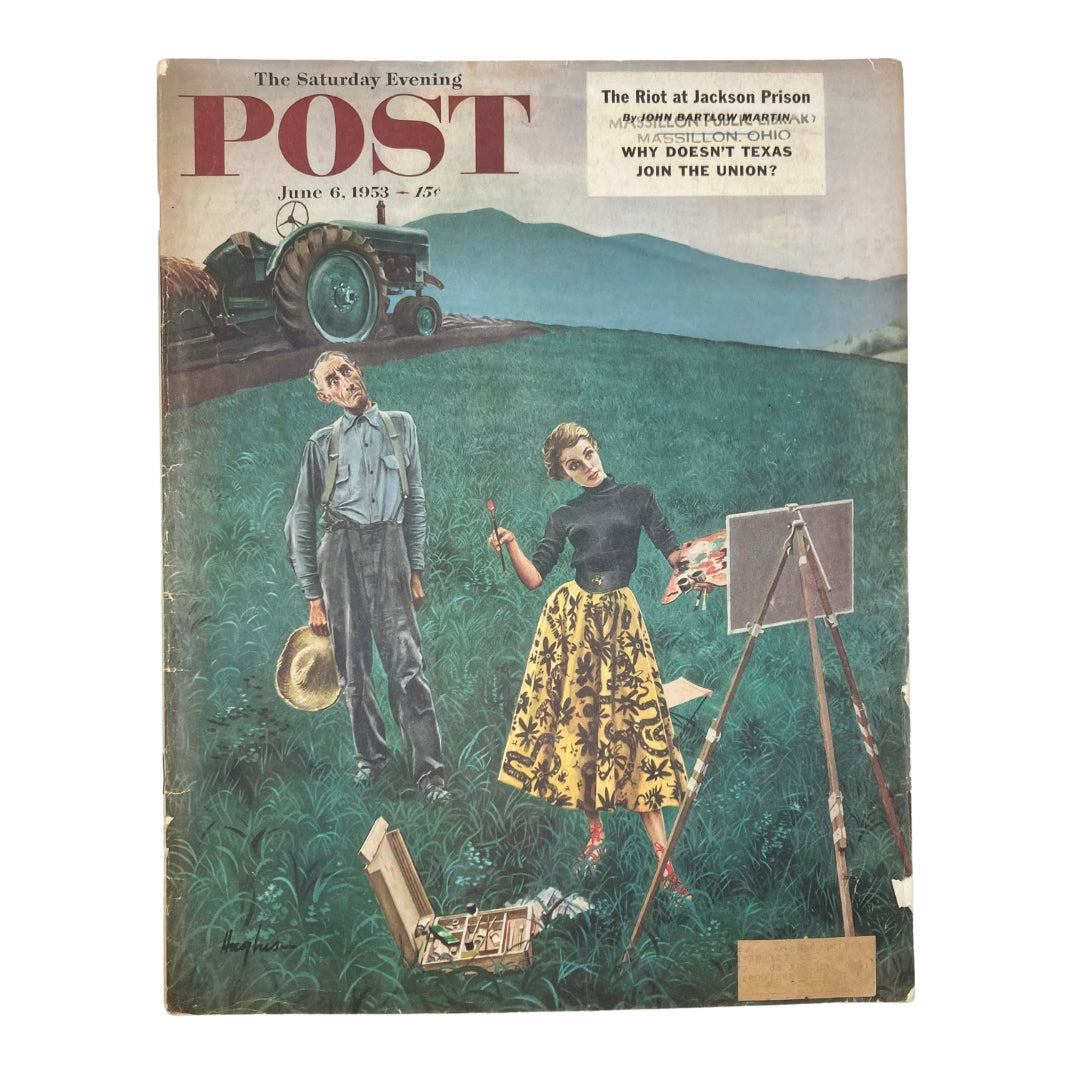 Cover of the Saturday Evening Post Magazine from June 6, 1953 featuring a colorful illustration by George Hughes of a man and woman in a rural setting, with the woman standing with a paint palette, representing the charm and culture of the 1950s.