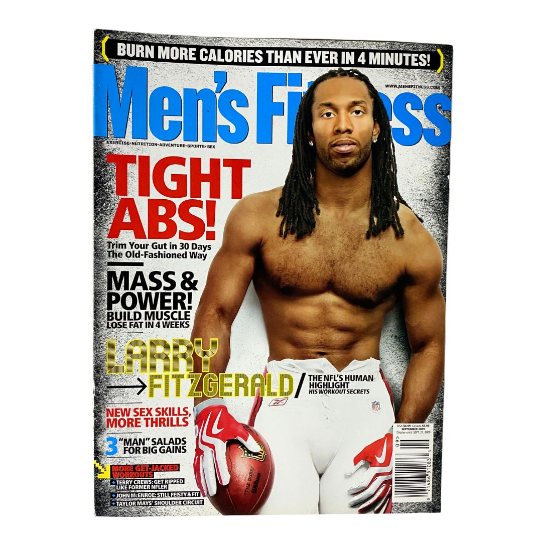 Men's Fitness Magazine September 2009 featuring NFL star Larry Fitzgerald on the cover, showcasing fitness and athleticism with headlines about muscle building and workout tips.
