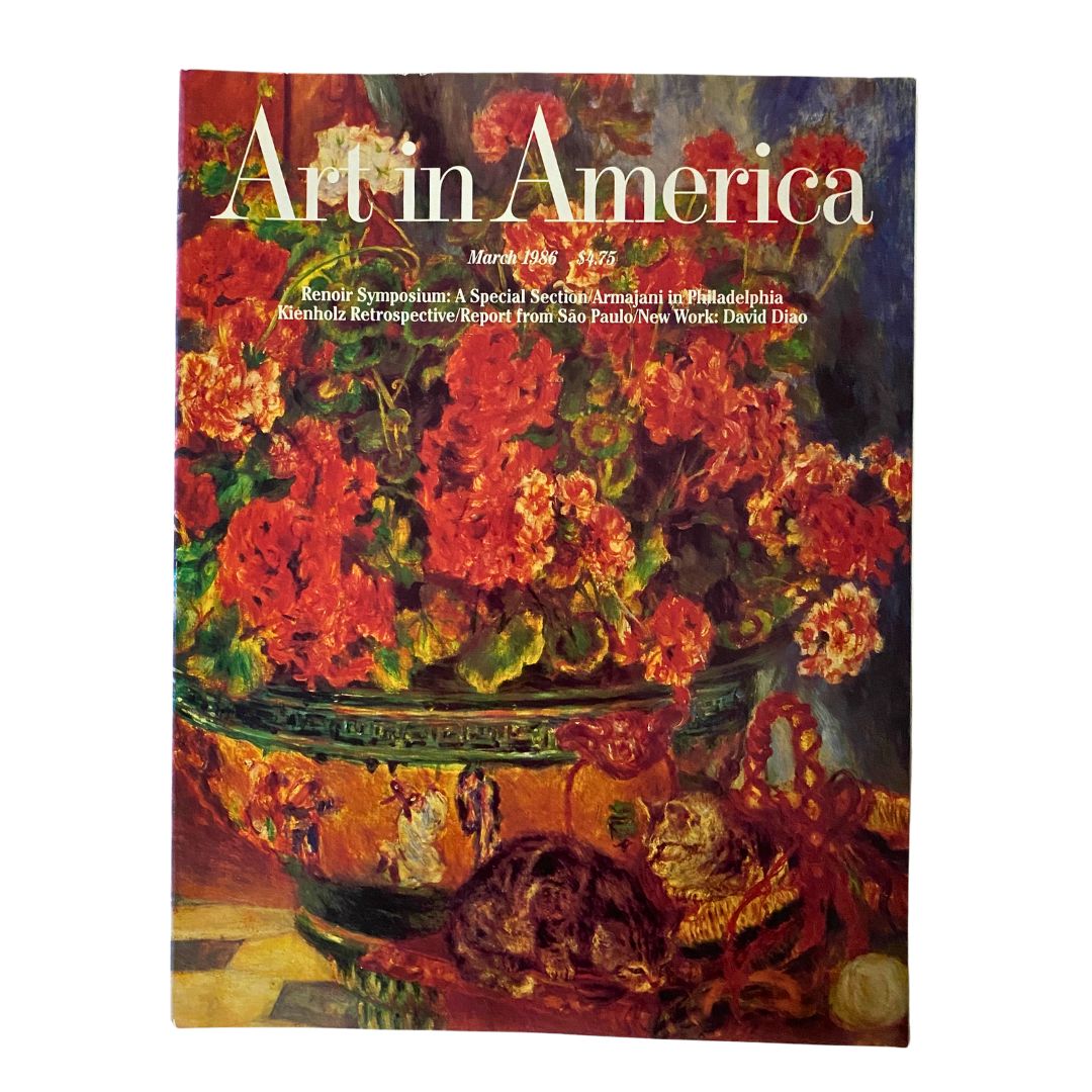 Vintage Art in America magazine from March 1986 featuring the artwork 'Geraniums and Cats' from 1881, showcasing a vibrant cover with flowers and cats.