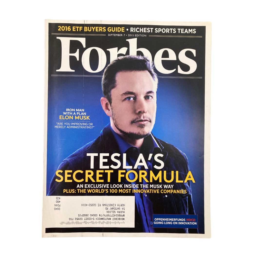 Forbes Magazine cover from September 7, 2015 featuring Elon Musk and the title 'Tesla's Secret Formula', highlighting his innovative strategies in electric vehicles.
