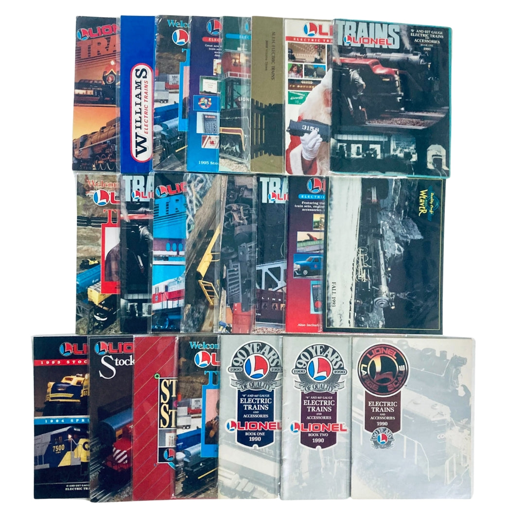 Lot of 23 1990s Lionel Electric Trains and Accessories Catalog featuring various colorful covers with train imagery.