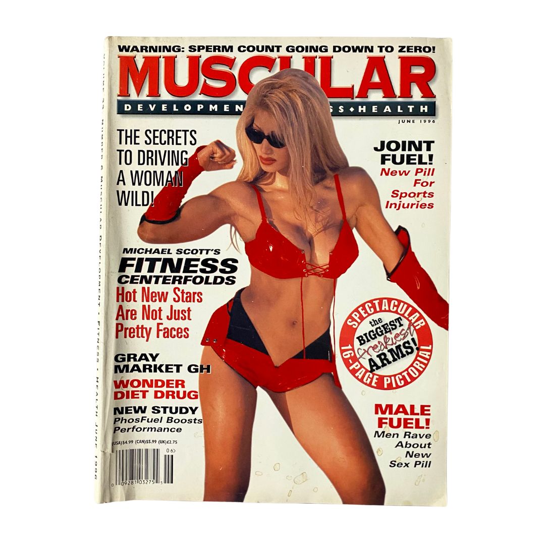 Muscular Development Magazine June 1996 featuring Keli Carroll on the cover, showcasing her in a striking red bikini, highlighting fitness culture and bodybuilding trends of the 1990s.