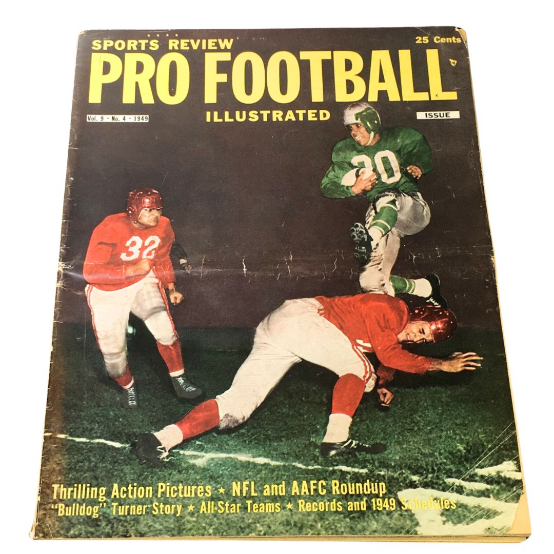 Cover of VTG Sports Review Pro Football Illustrated Vol. 9 #4 from 1949, featuring players in action during a football game with prominent headlines about NFL and AAFC.