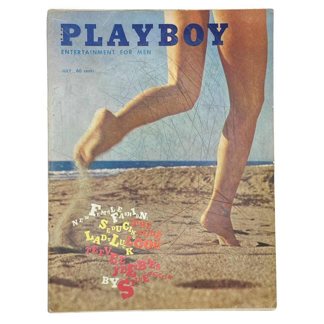 VTG Playboy Magazine July 1960 cover featuring vintage beach image with model's legs and playful typography.