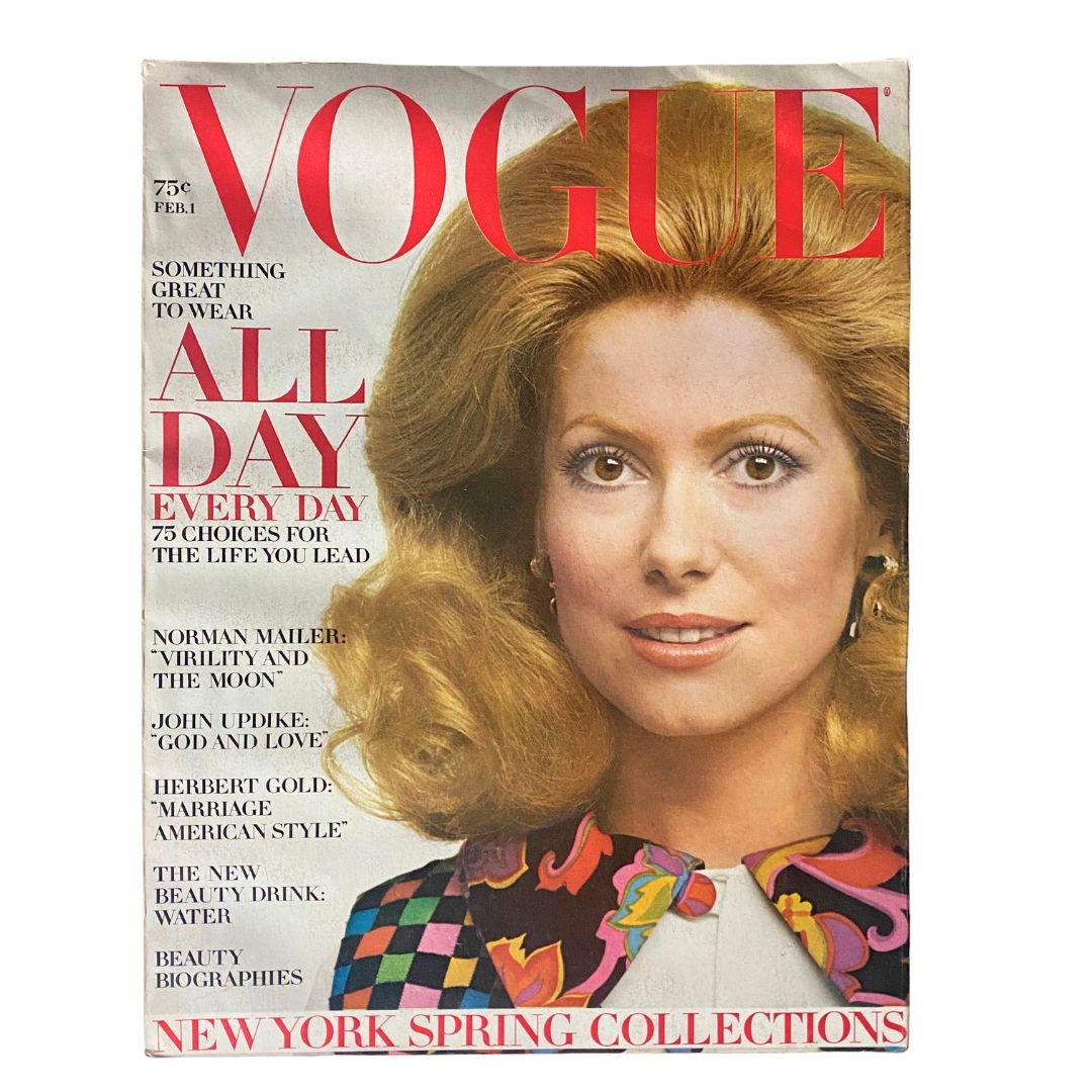 VTG Vogue Magazine February 1 1971 featuring Catherine Deneuve on the cover, showcasing the fashion of the early '70s.