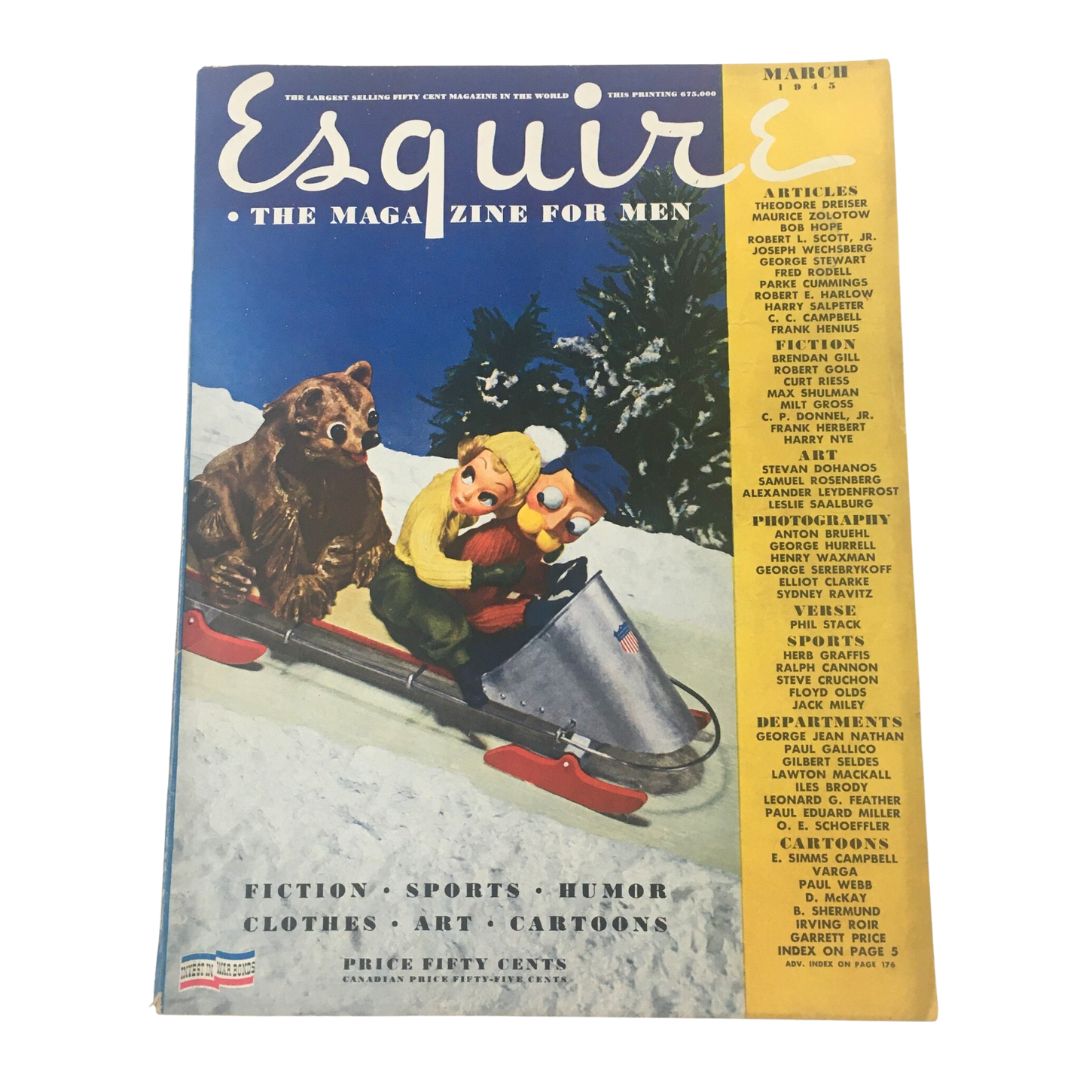 Cover of Esquire Magazine March 1945 featuring vintage illustration of children and a bear on a sled, reflecting classic fashion and culture of the post-war era.