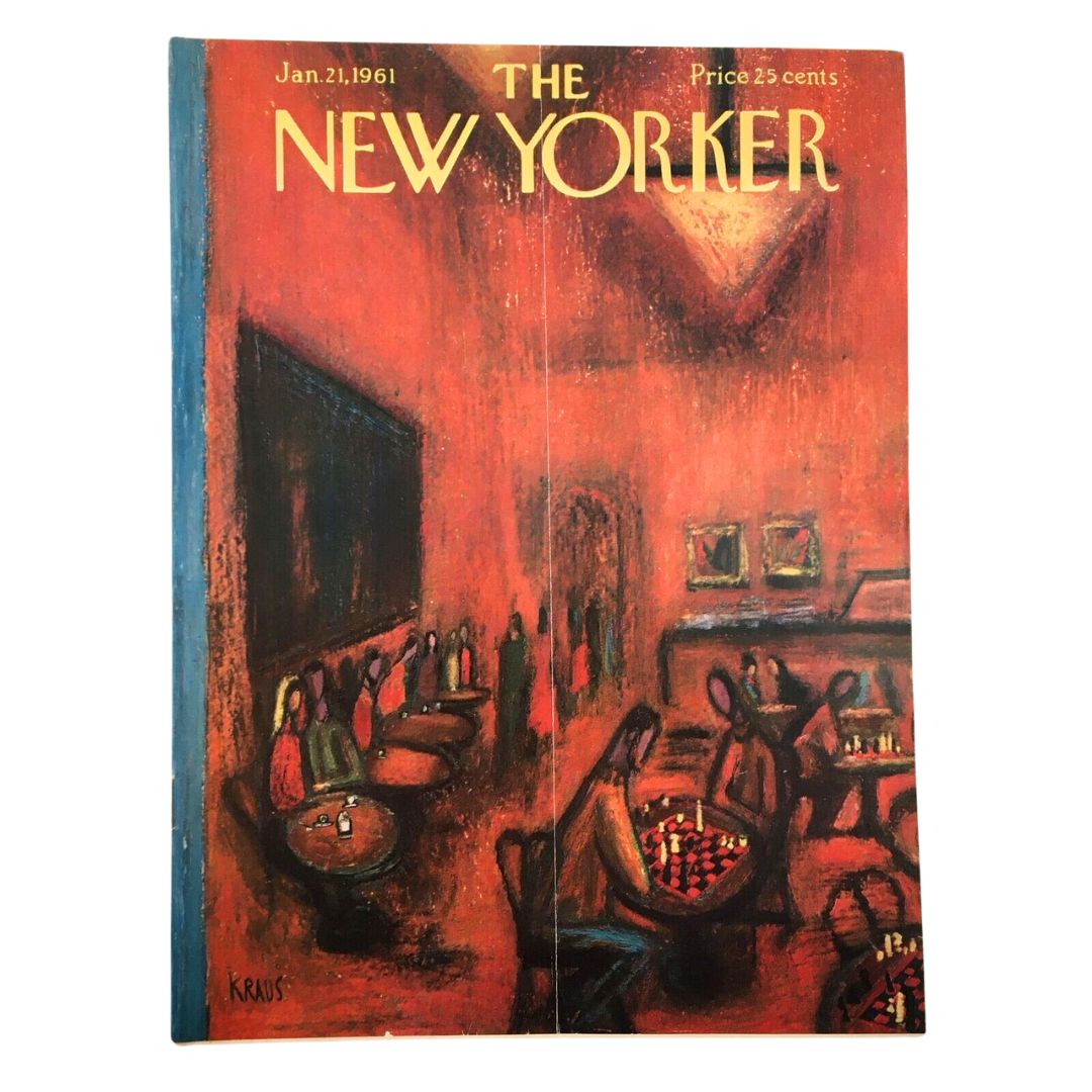 The New Yorker Full Magazine January 21 1961 featuring a vibrant cover illustration by Robert Kraus showcasing a chess game scene.