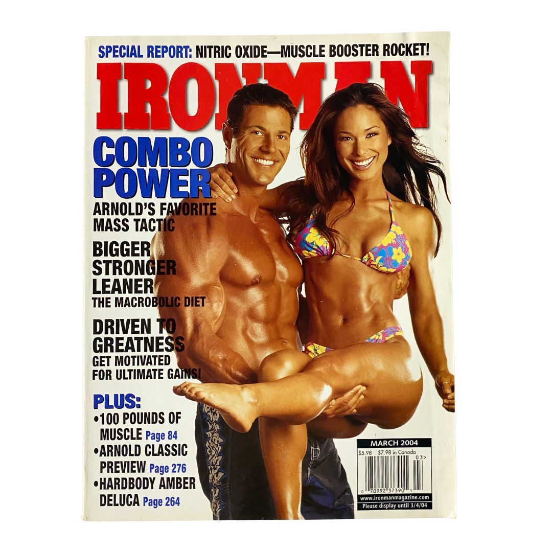 Iron Man Magazine March 2004 cover featuring fitness personalities Christian Boeving and Danielle Edwards, highlighting topics like nitric oxide and the macrobiotic diet.