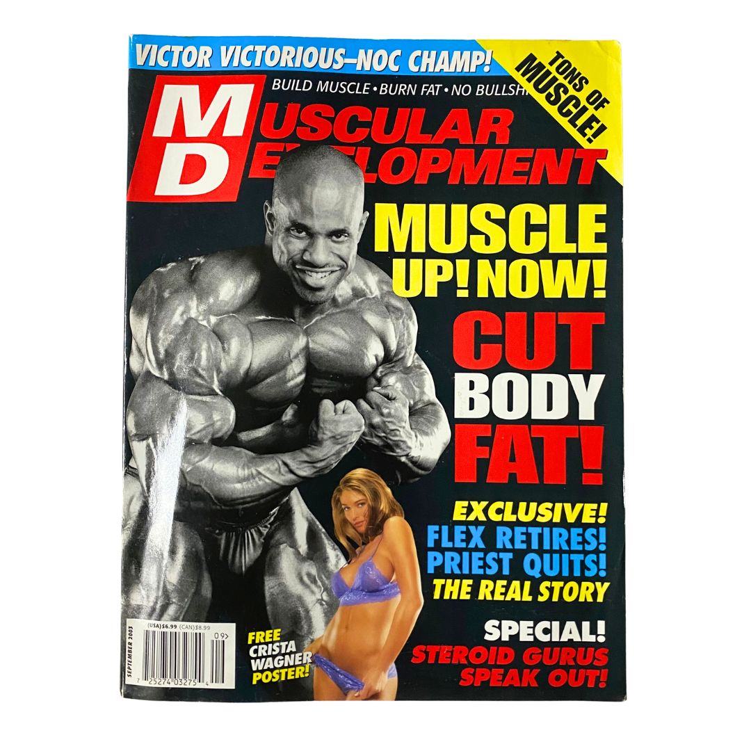 Muscular Development Magazine September 2003 featuring Victor Martinez on the cover, highlighting bodybuilding, fitness tips, and workout advice.