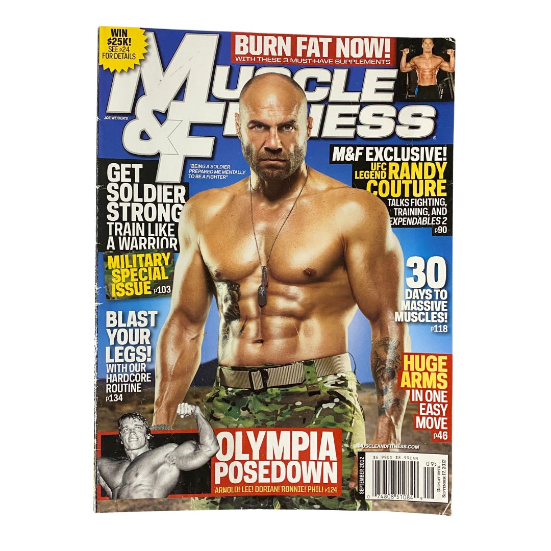 Muscle & Fitness Magazine September 2012 featuring Randy Couture on the cover, showcasing fitness tips, workout routines, and bodybuilding advice.