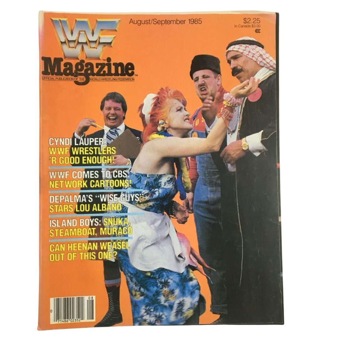 WWF Magazine, August 1985: Featuring Cyndi Lauper, Lou Albano, Jimmy Snuka, and Ricky Steamboat on the cover.
