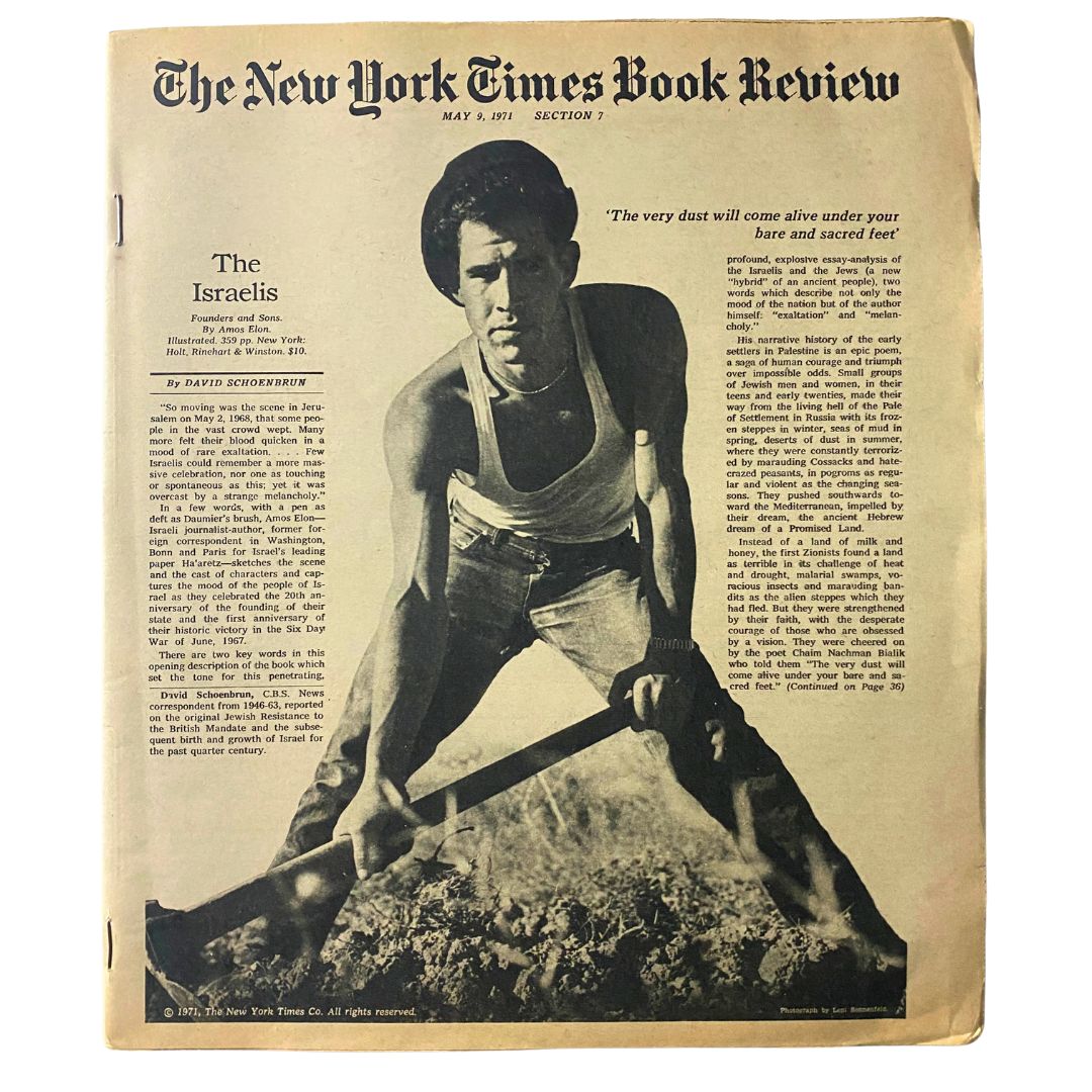 Cover of The New York Times Book Review dated May 9, 1971, featuring the article titled 'The Israelis' with a black and white photograph of a man holding a tool in a field.