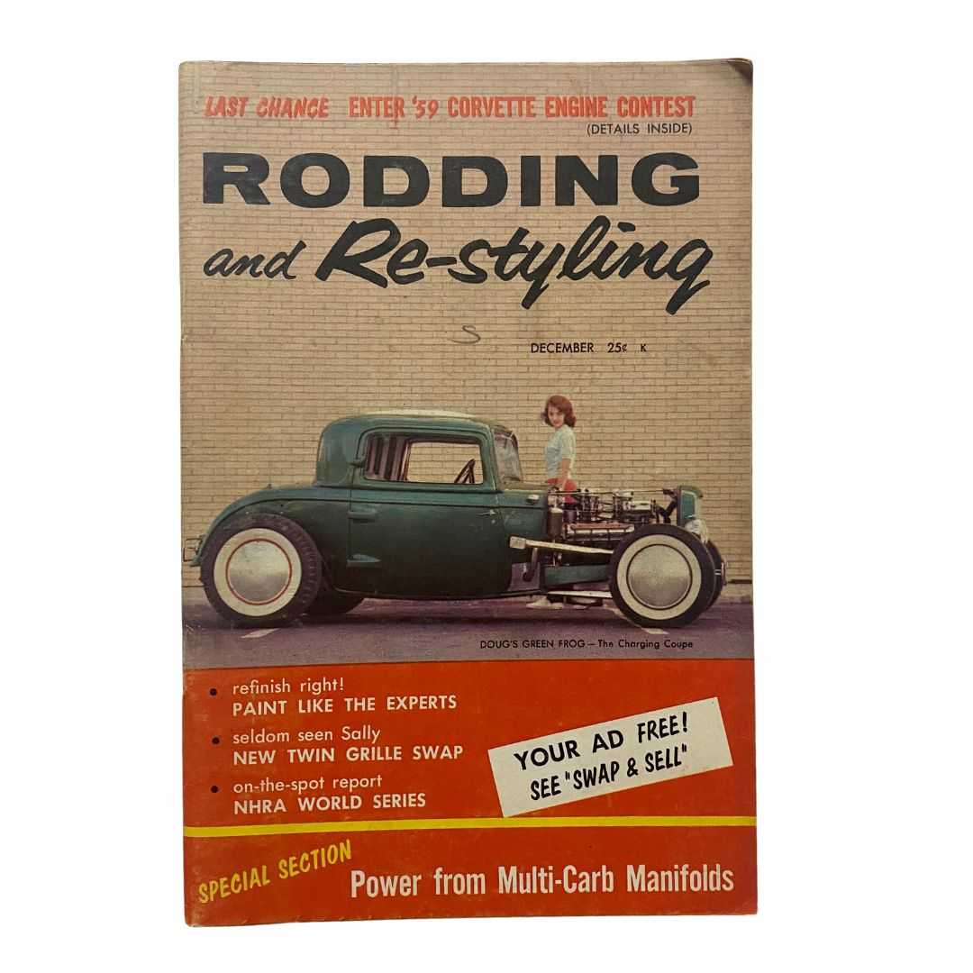 Cover of VTG Rodding & Re-Styling Magazine December 1958 featuring Ewing's Going Deuce, showcasing classic car design and vintage automotive culture.