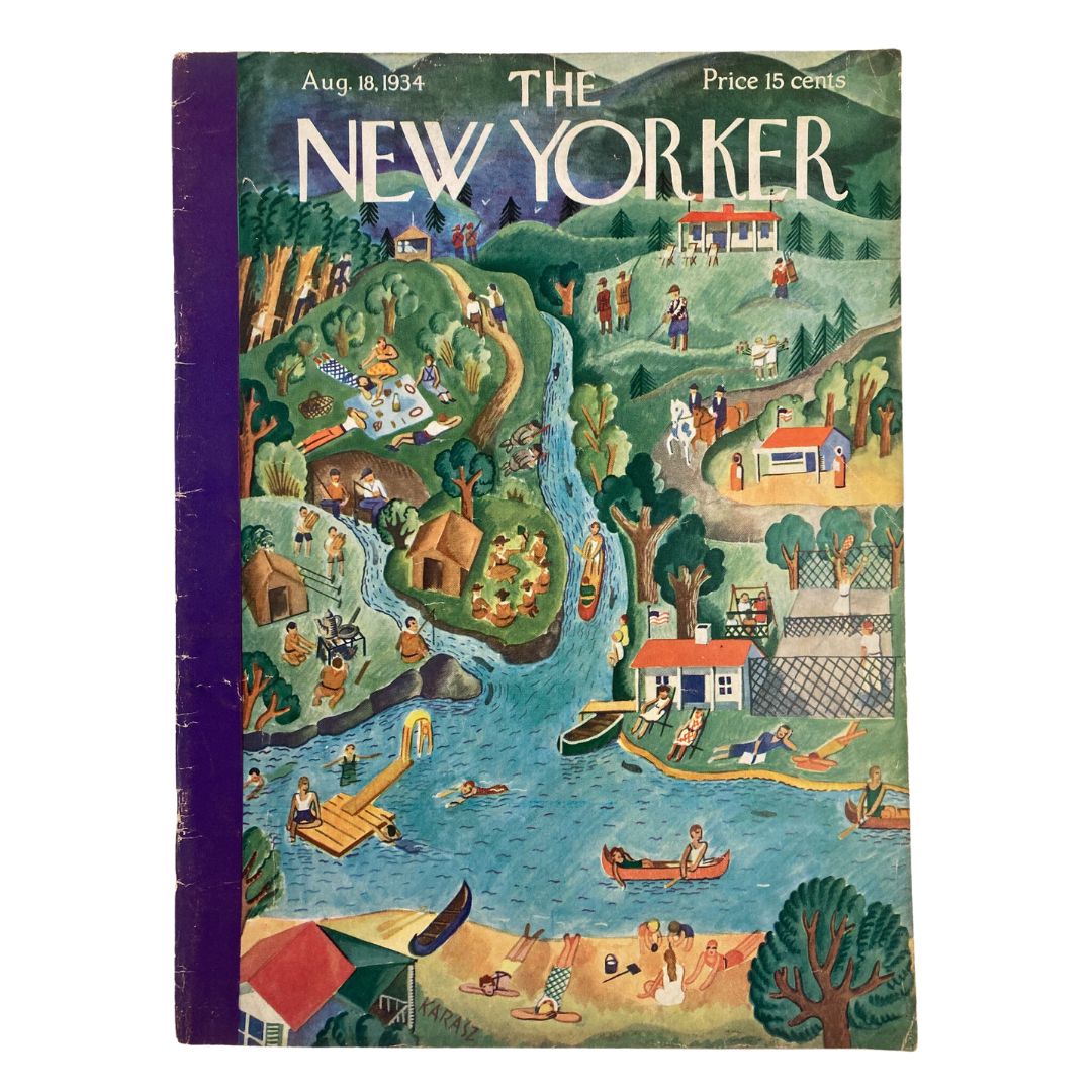 Cover of The New Yorker Magazine August 18 1934 featuring a vibrant illustration of summer camp activities by Ilonka Karasz.
