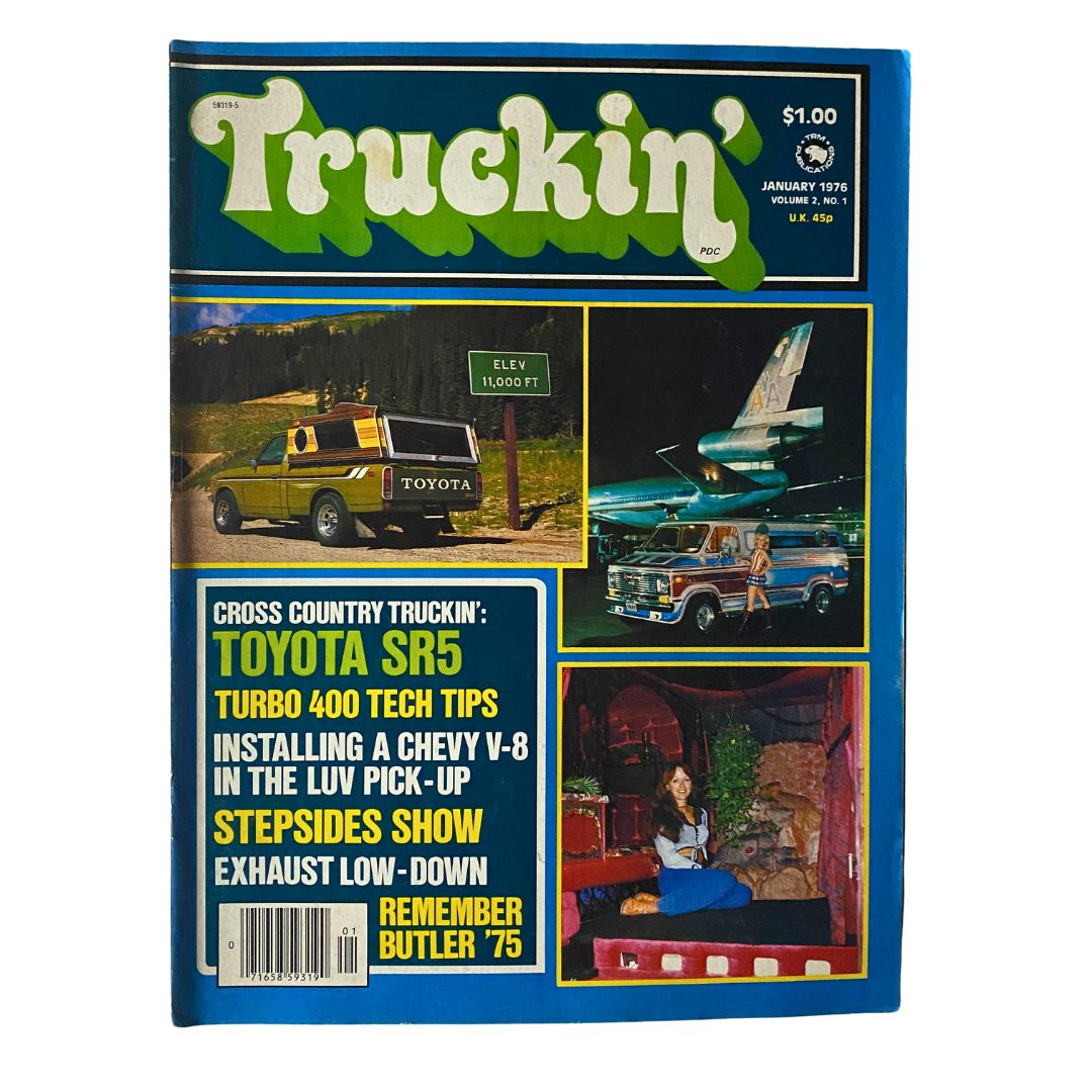 Cover of VTG Truckin' Magazine January 1976 featuring Toyota SR5, with articles on cross-country trucking, turbo tech tips, and a vintage truck lifestyle.