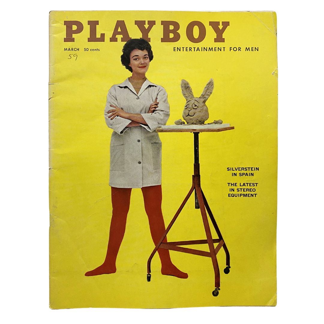 Vintage Playboy Magazine March 1959 featuring Audrey Daston on the cover, with a model in a white coat and red stockings alongside a stuffed bunny, perfect for collectors and vintage enthusiasts.