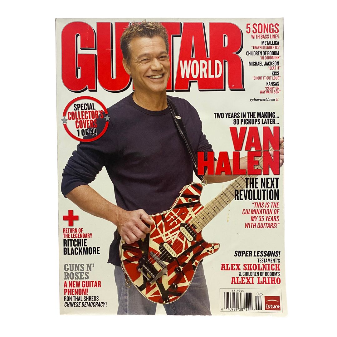 Guitar World Magazine February 2009 featuring Van Halen on the cover with a colorful guitar design, highlighting 'The Next Revolution' article.
