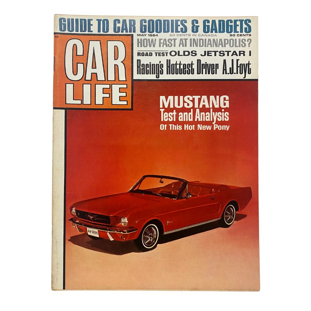 Cover of VTG Car Life Magazine May 1964 featuring an in-depth Mustang test and analysis, showcasing a red Mustang convertible.