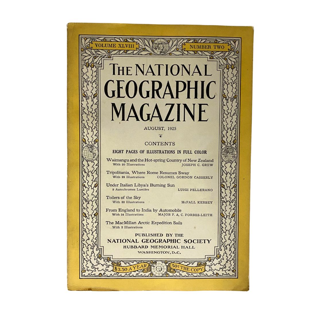 Cover of National Geographic Magazine August 1925, featuring the contents including travel from England to India by Automobile.