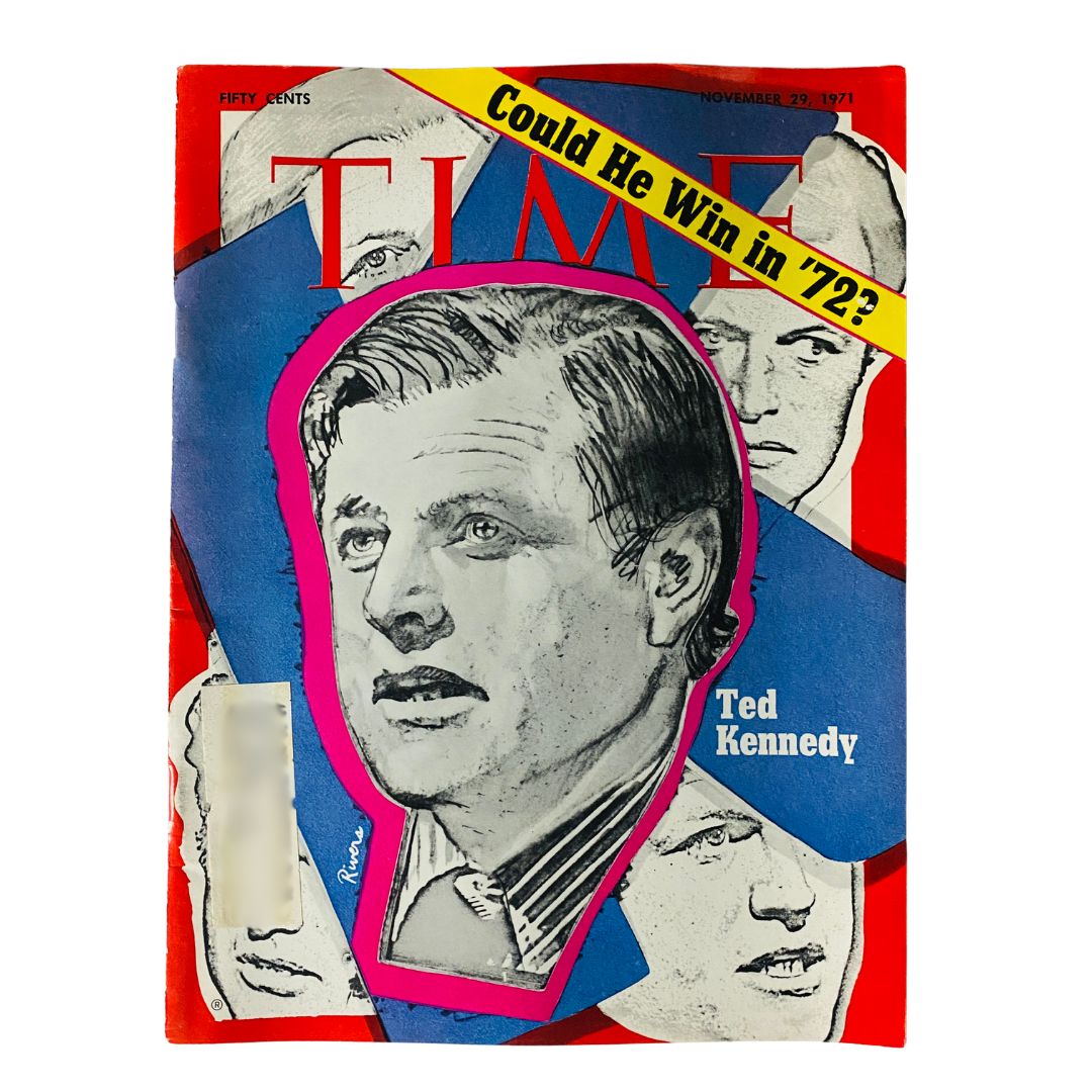 VTG Time Magazine November 29 1971 featuring Ted Kennedy on the cover, with the headline 'Could He Win in '72?' and illustrations of political figures in the background.