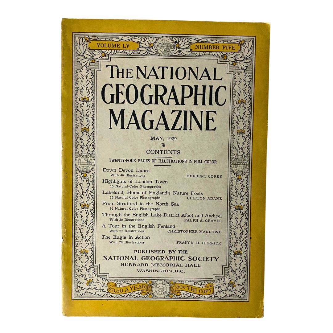 Cover of the VTG National Geographic Magazine May 1929 featuring decorative elements and a title layout typical of the era.