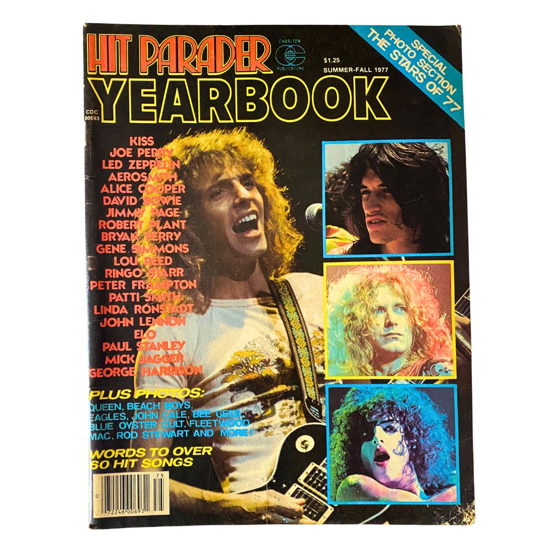 VTG Hit Parader Yearbook Summer-Fall 1977 featuring Kiss, Joe Perry, Led Zeppelin, and Peter Frampton on the cover, showcasing iconic rock musicians of the 1970s.