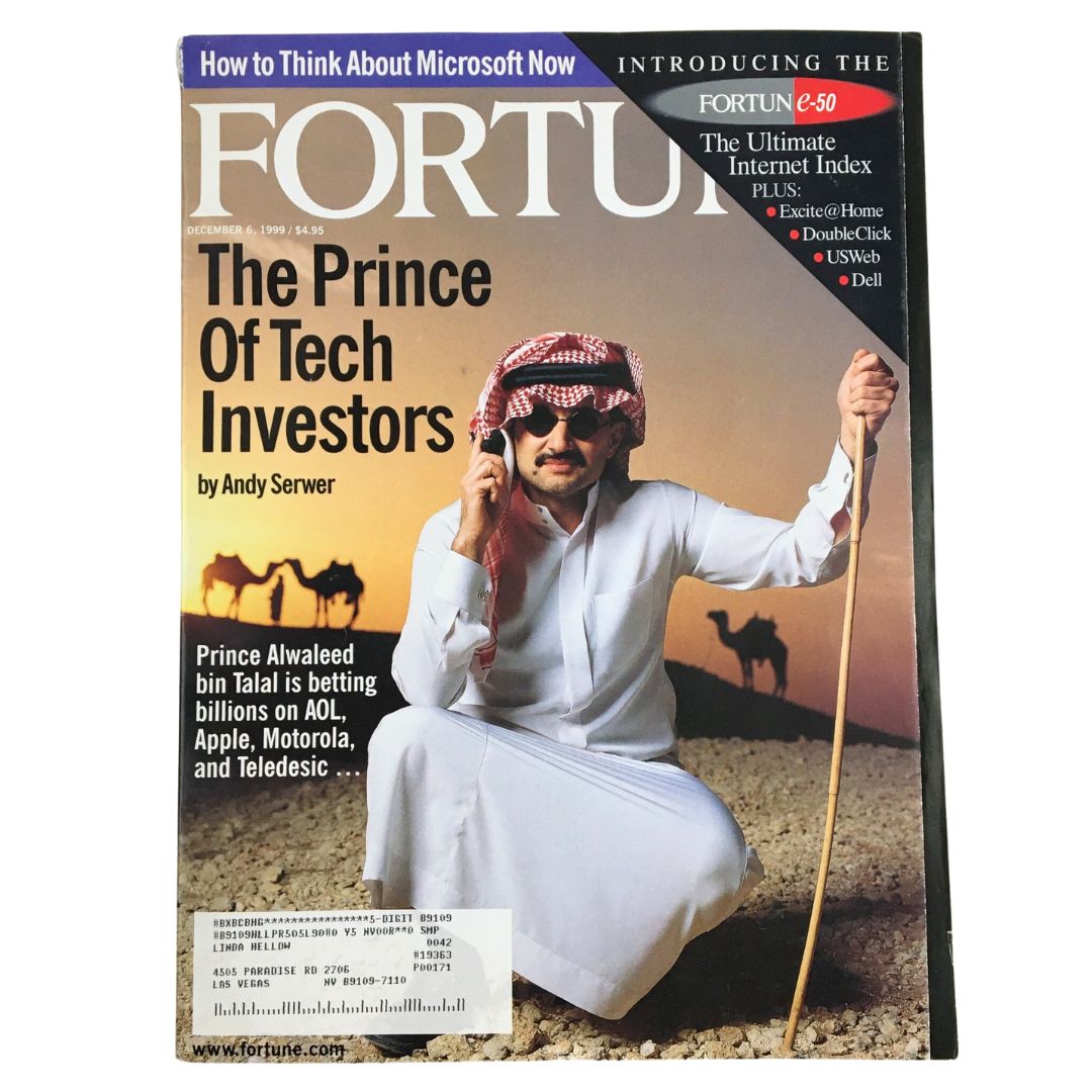 Cover of Fortune Magazine December 6 1999 featuring the title 'The Prince Of Tech Investors' with an image of a man in traditional attire holding a cane against a desert background.