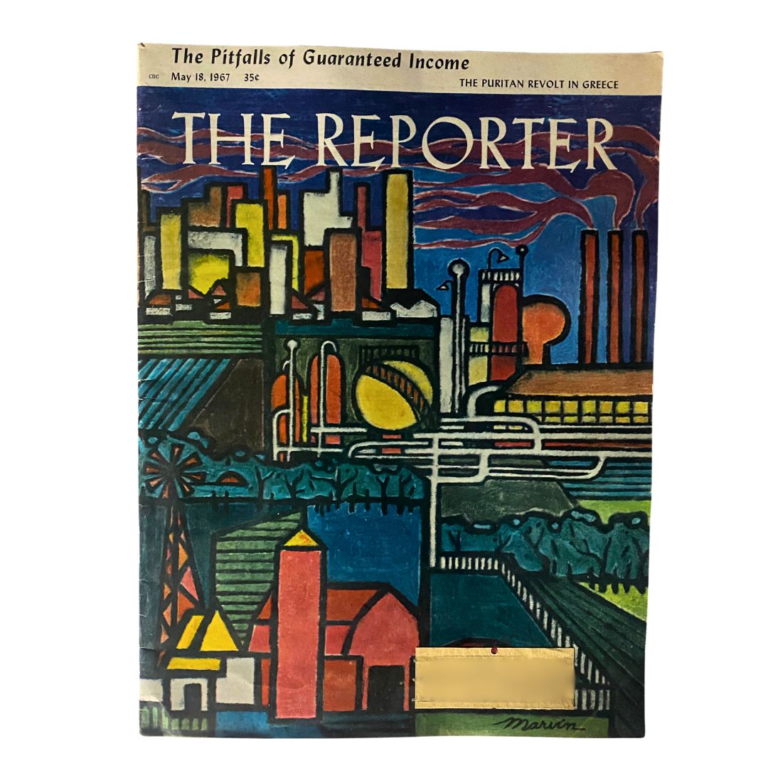 Vintage cover of The Reporter Magazine from May 18, 1967, featuring the article titled 'The Pitfalls of Guaranteed Income' with colorful artwork depicting an urban landscape and industrial elements.