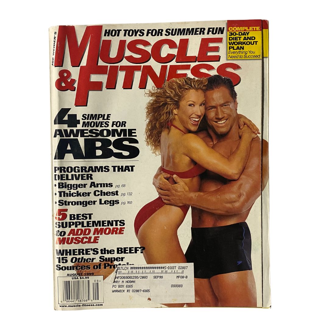 Cover of Muscle & Fitness Magazine August 1999 featuring Minna Lessig and Dennis Newman, showcasing articles on abs exercises, bodybuilding trends, and health tips.