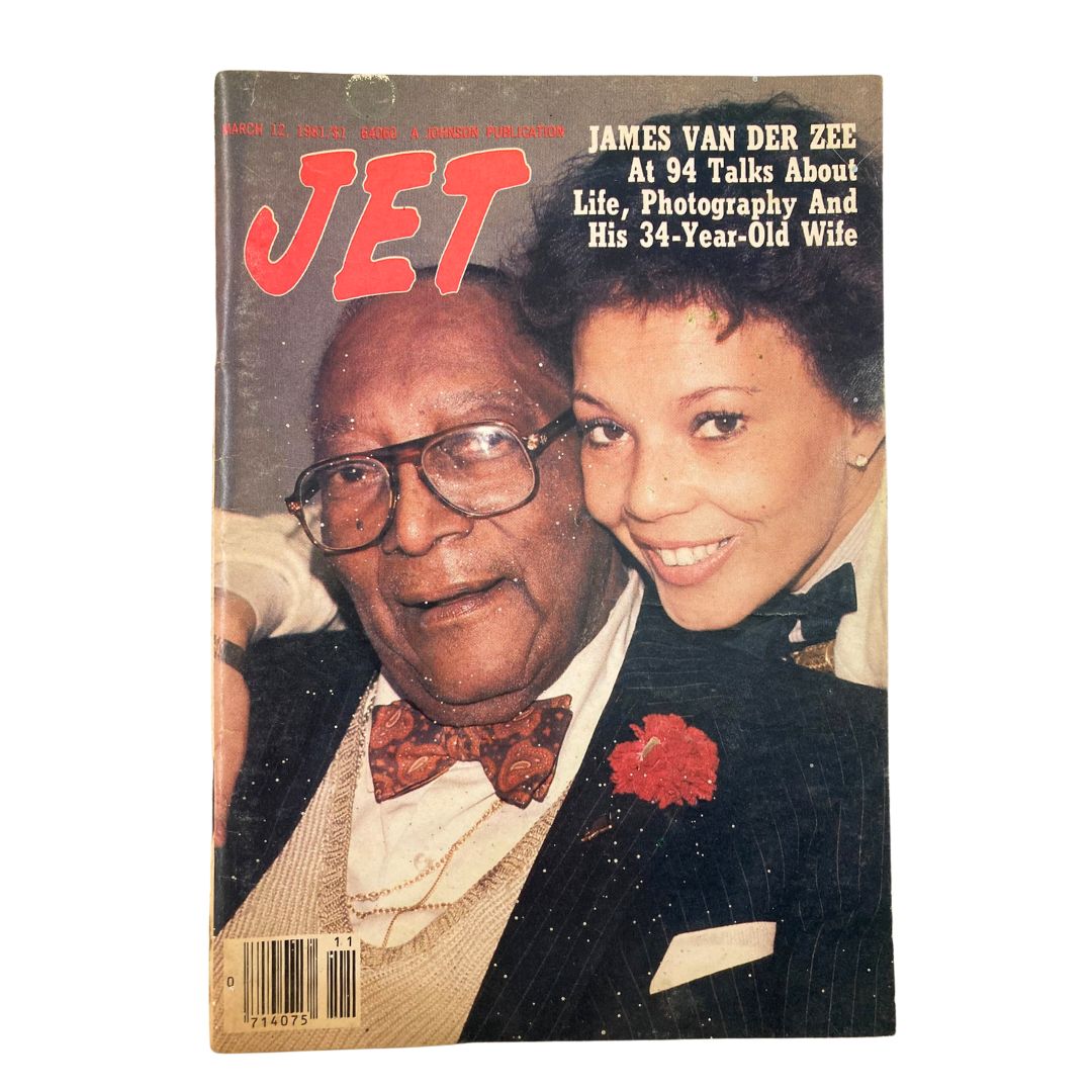 Vintage Jet Magazine cover from March 12, 1981, featuring a portrait of James Van Der Zee and a woman. The cover includes the title 'JET' and highlights an article about Van Der Zee discussing life, photography, and his relationship with his wife.