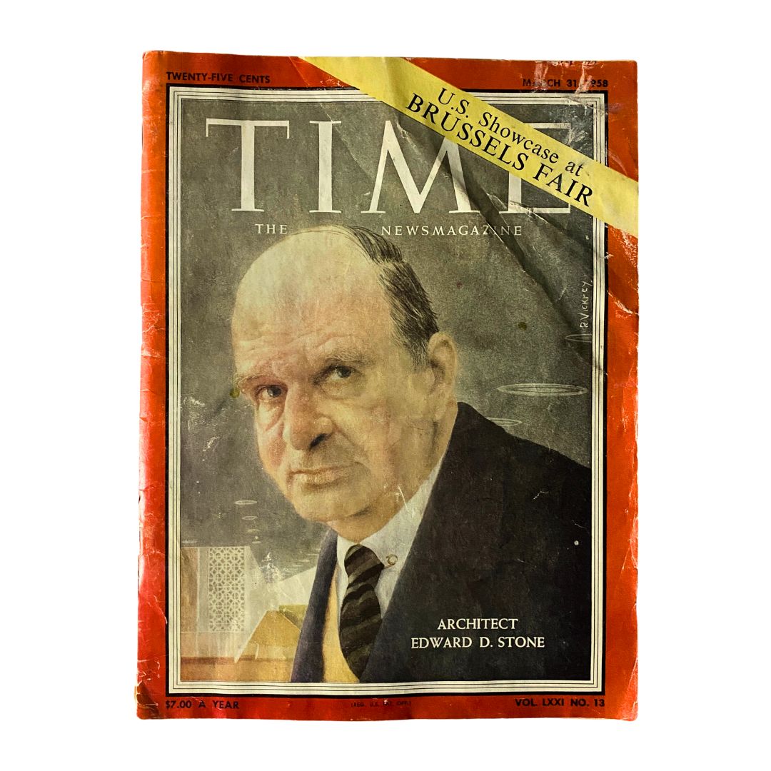 Cover of VTG Time Magazine dated March 31, 1958 featuring Architect Edward D. Stone, showcasing vintage design and historical significance.