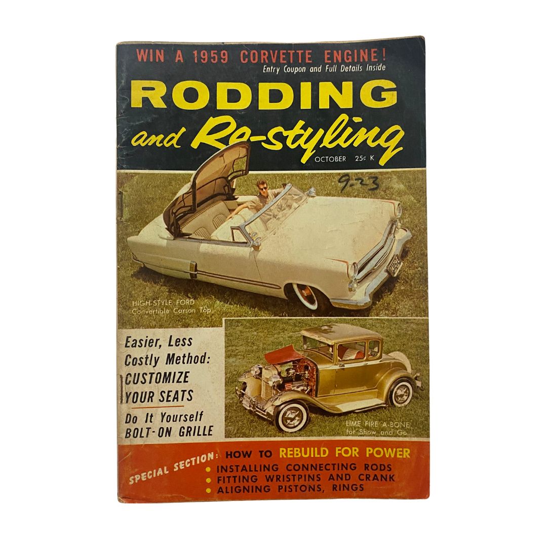 Cover of VTG Rodding & Re-Styling Magazine October 1958, showcasing a convertible car with a vibrant golden-green design, and highlighting articles on customizing car interiors and rebuilding power.