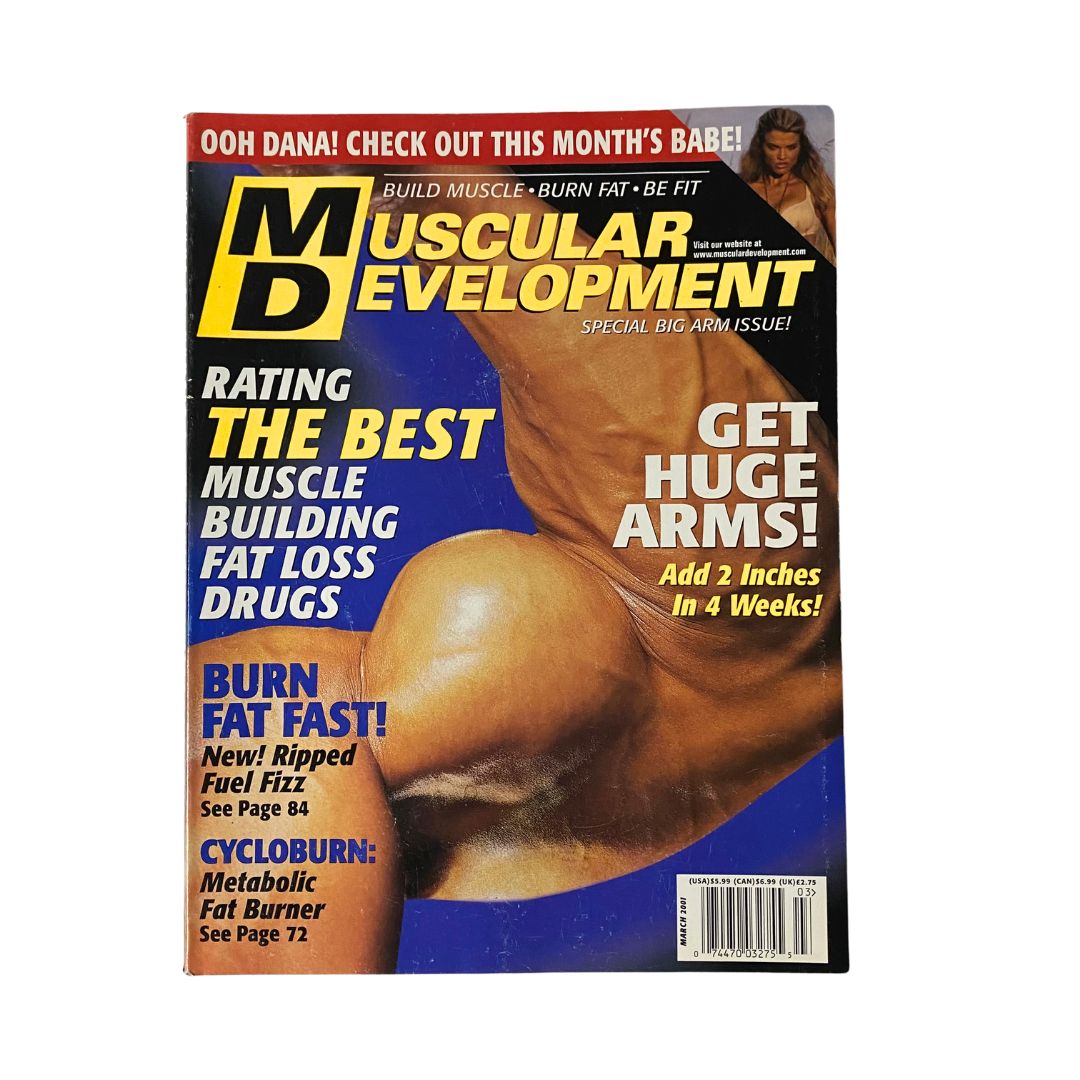 Cover of Muscular Development Magazine March 2001 Big Arms Issue, featuring a muscular arm and bold text promoting bodybuilding techniques and fat loss strategies.