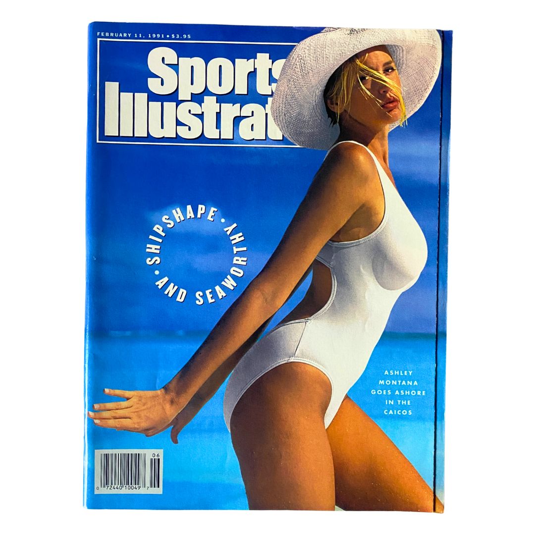 Cover of Sports Illustrated Magazine from February 11, 1991 featuring Ashley Montana in a white swimsuit against a blue background, highlighting the theme of 'Shipshape and Seaworthy'.