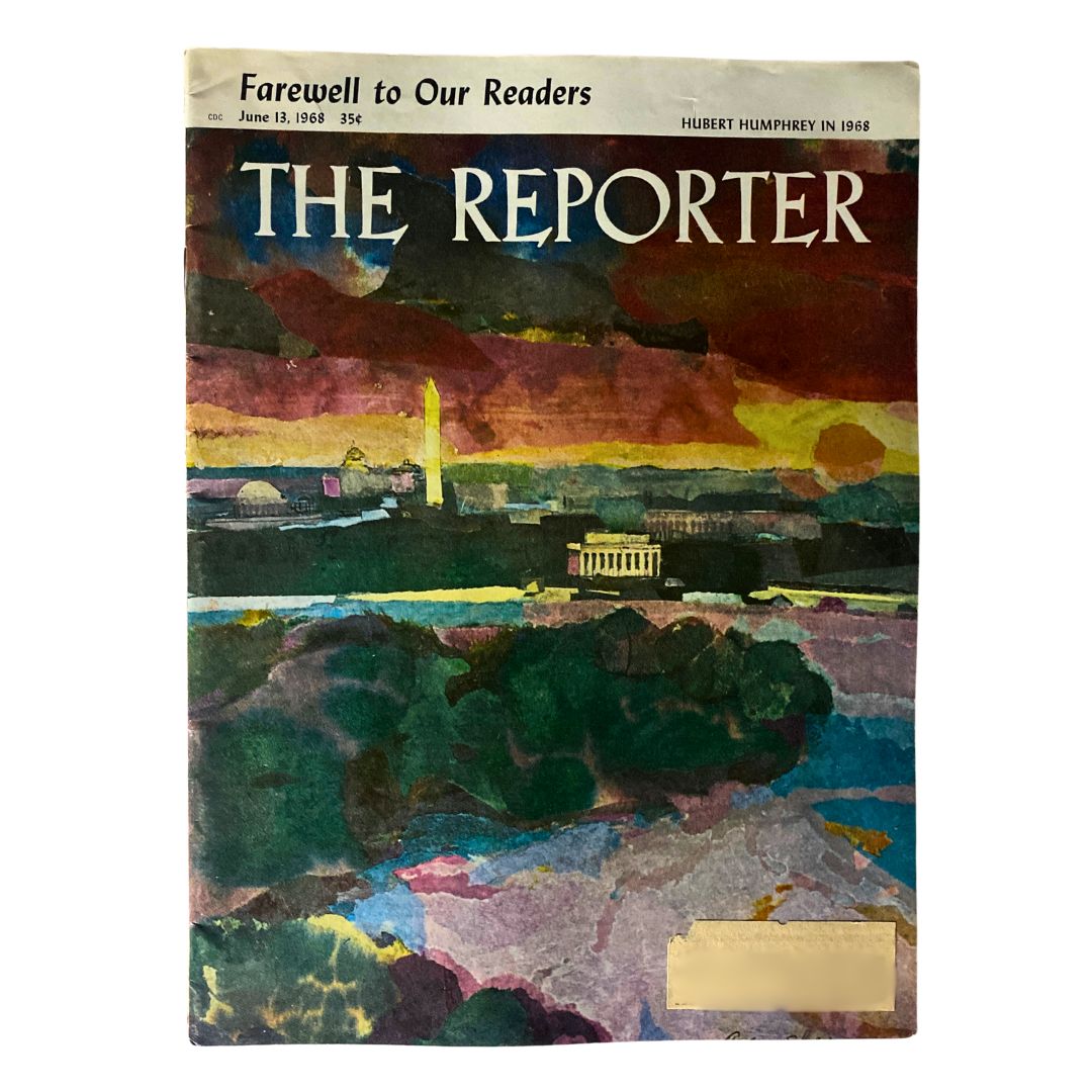 VTG The Reporter Magazine cover from June 13, 1968, featuring the title 'Farewell to Our Readers'. The artistic cover showcases a colorful depiction of the Washington D.C. skyline.